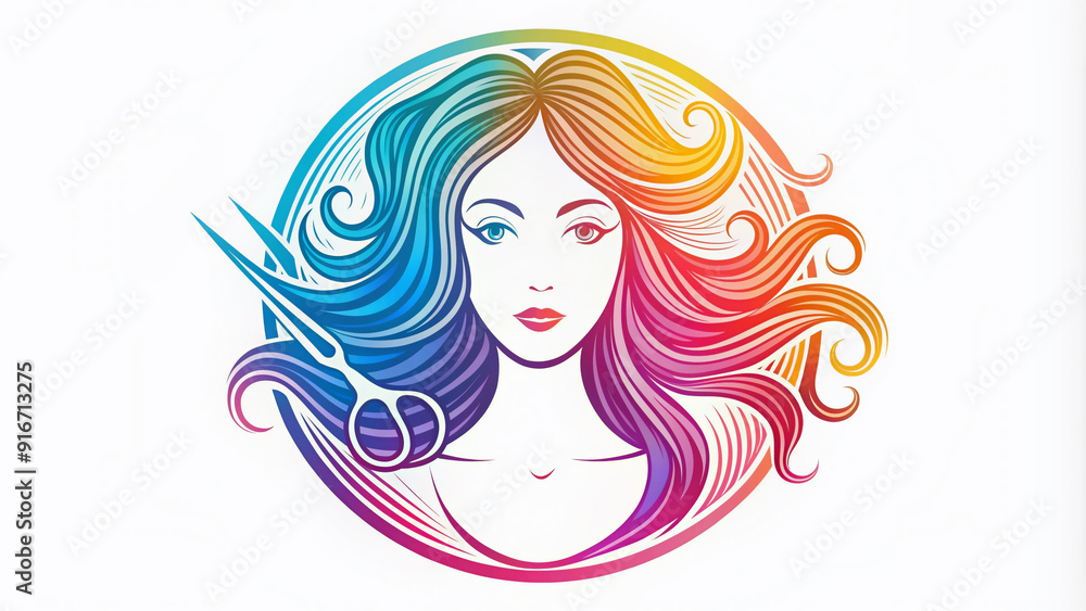 Modern beauty logo concept featuring a pair of scissors surrounded by stylized hair strands, incorporated into a circular shape with clean lines and bold colors. Modern beauty logo concept featuring a pair of scissors surrounded by stylized hair strands, incorporated into a circular shape with clean lines and bold colors.