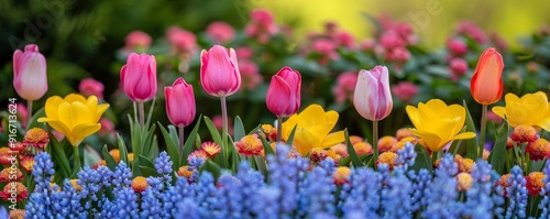 Vibrant flower garden with diverse blooms, springtime, colorful floral diversity