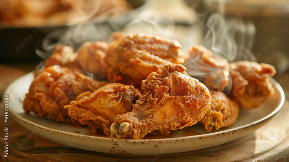 A plate of perfectly fried chicken with golden crispy skin, steaming hot and ready to eat A plate of perfectly fried chicken with golden crispy skin, steaming hot and ready to eat