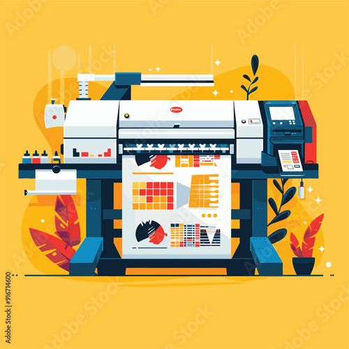 Flat vector illustration of a commercial printer with colorful output.
