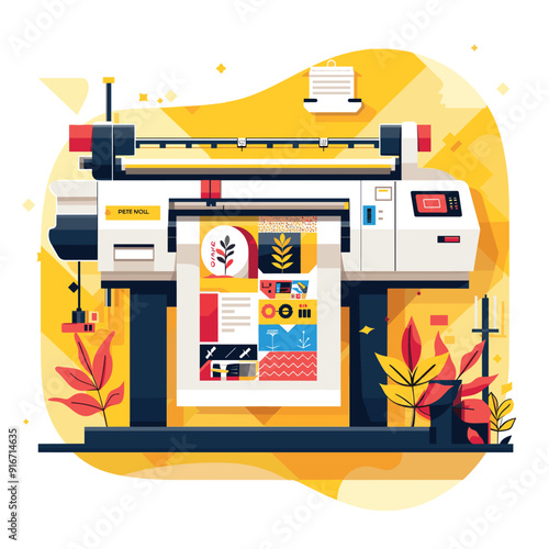 Flat vector illustration of a commercial printer with colorful output.
