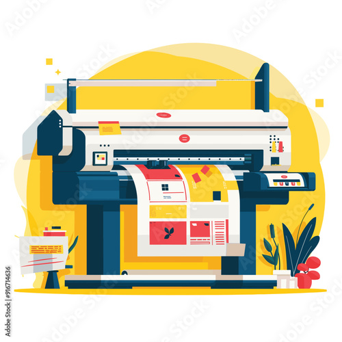 Flat vector illustration of a commercial printer with colorful output.
