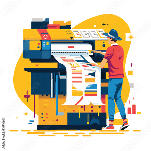Flat vector illustration of a commercial printer with colorful output.
