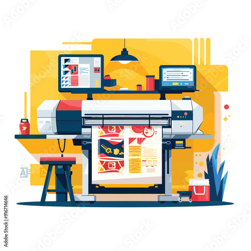 Flat vector illustration of a commercial printer with colorful output.
