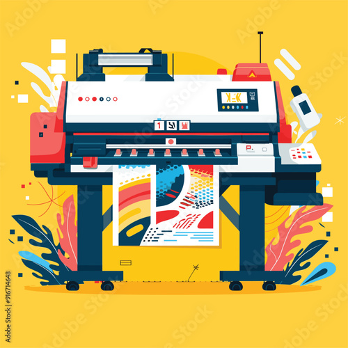 Flat vector illustration of a commercial printer with colorful output.
