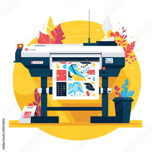 Flat vector illustration of a commercial printer with colorful output.
