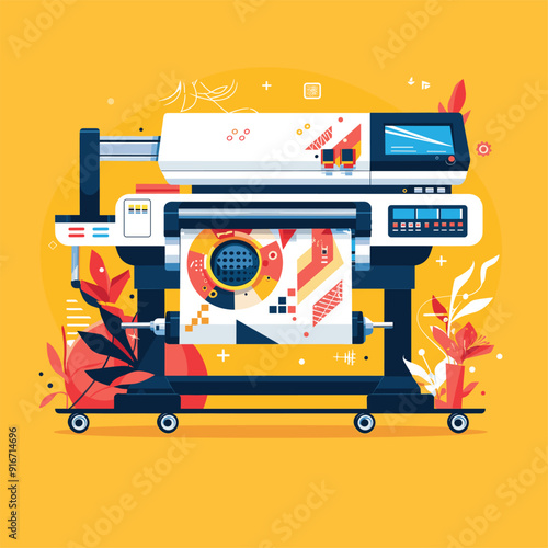 Flat vector illustration of a commercial printer with colorful output.
