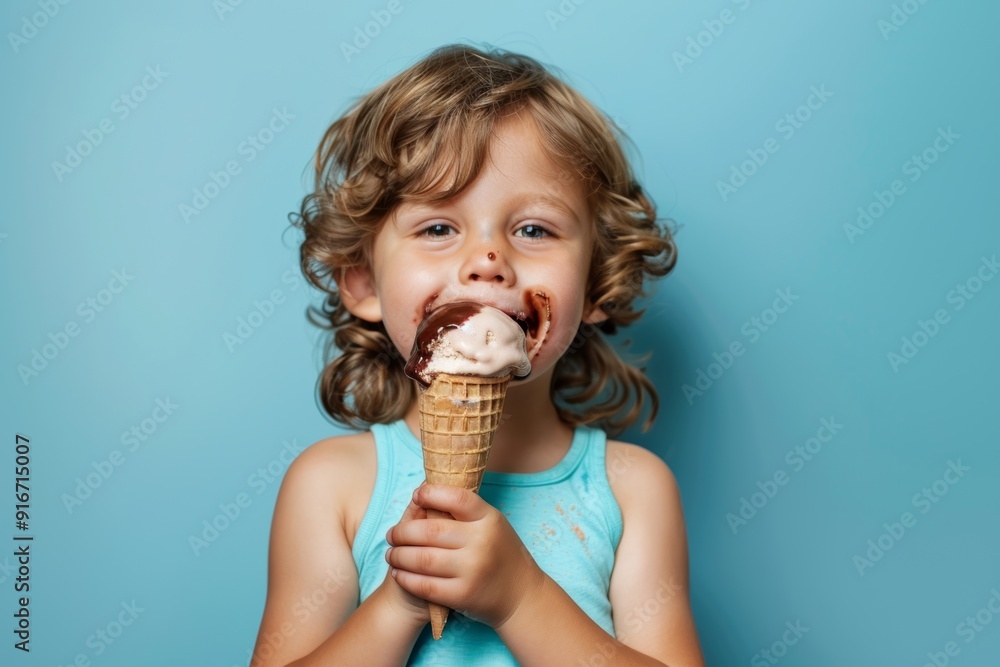 Youthful face full of happiness surrounded nature's serene beauty. Content young boy long hair delighted vibrant outdoors. Ice cream makes this child's day. Youthful face full of happiness surrounded nature's serene beauty. Content young boy long hair delighted vibrant outdoors. Ice cream makes this child's day.