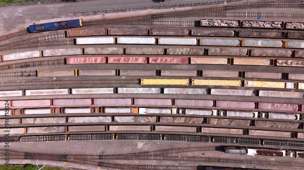 Freight Trains At A Railway Siding Aerial View Freight Trains At A Railway Siding Aerial View