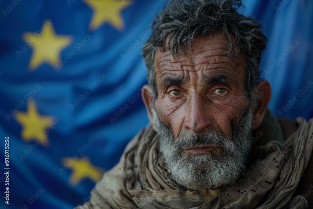 EU citizens rally for stricter immigration laws. Eu flag hand afghan middle-aged man looks towards freedom. Allegory of freedom and adversity intertwined refugee's journey. EU citizens rally for stricter immigration laws. Eu flag hand afghan middle-aged man looks towards freedom. Allegory of freedom and adversity intertwined refugee's journey.
