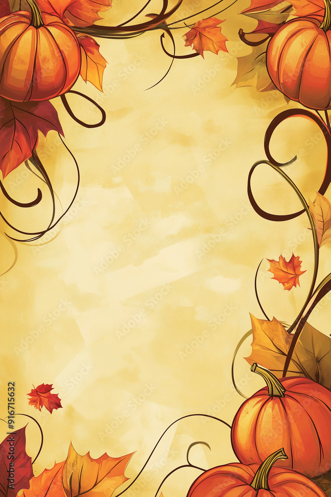 A white background with a frame of autumn leaves and pumpkins A white background with a frame of autumn leaves and pumpkins