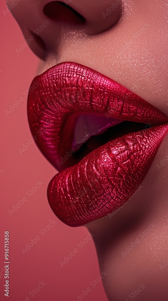 Naklejka premium Stunning Lips with Bold Red Lipstick - Perfectly Shaped and Glossy Against Solid Pink Background