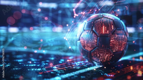 Abstract image presenting a soccer ball with digital analytics interface, symbolizing online sports betting and data analysis photo