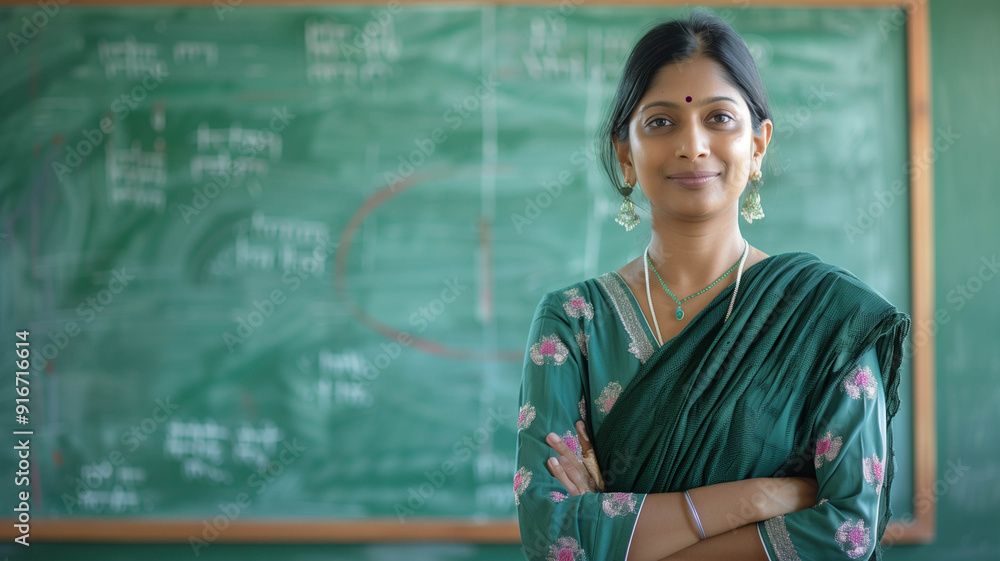 A poised Indian female teacher standing in front of a chalkboard with neatly written notes in a classroom A poised Indian female teacher standing in front of a chalkboard with neatly written notes in a classroom