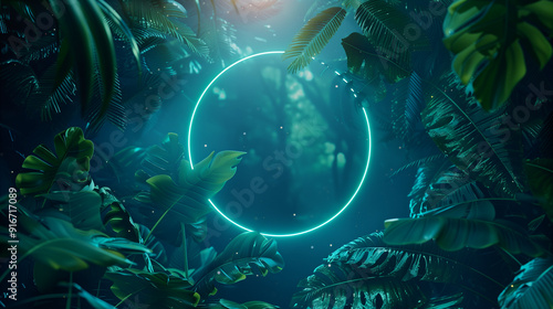A bright green neon circle stands out against a backdrop of dark tropical leaves.