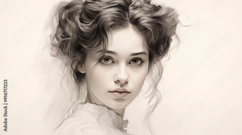 Fototapeta premium woman portrait drawing, woman portrait pencil drawing vintage.