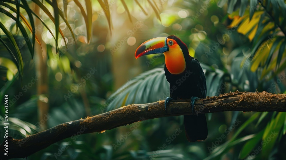 Fototapeta premium toucan sits gracefully on a jungle branch
