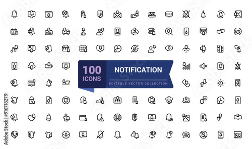 Notification line icon set. Contains such icons as mute, notice, notification bell and more. Pixel perfect, minimalistic web and UI icon. Outline icon collections.
