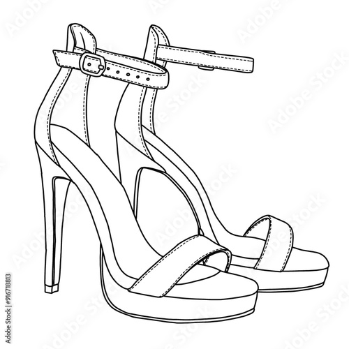 Women's Stiletto High Heel Sandals Platform Open Toe Ankle Strap Dress Shoes line art, Technical sketch hand drawing outline vector doodle illustration, side view isolated on white background