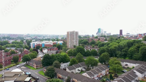 Aerial drone footage of the village of Headingley in Leeds, West Yorkshire in the UK showing the rows of houses in the residential area in the British town in the summer time photo