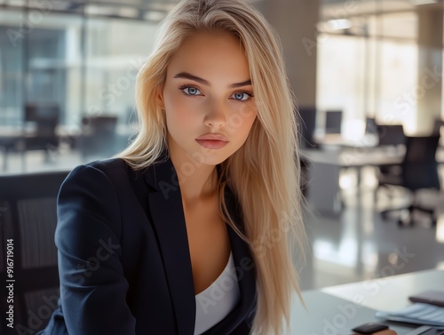 18-Year-Old Blonde Businesswoman in Suit at Desk, Flawless Hands, Empty Office Background photo