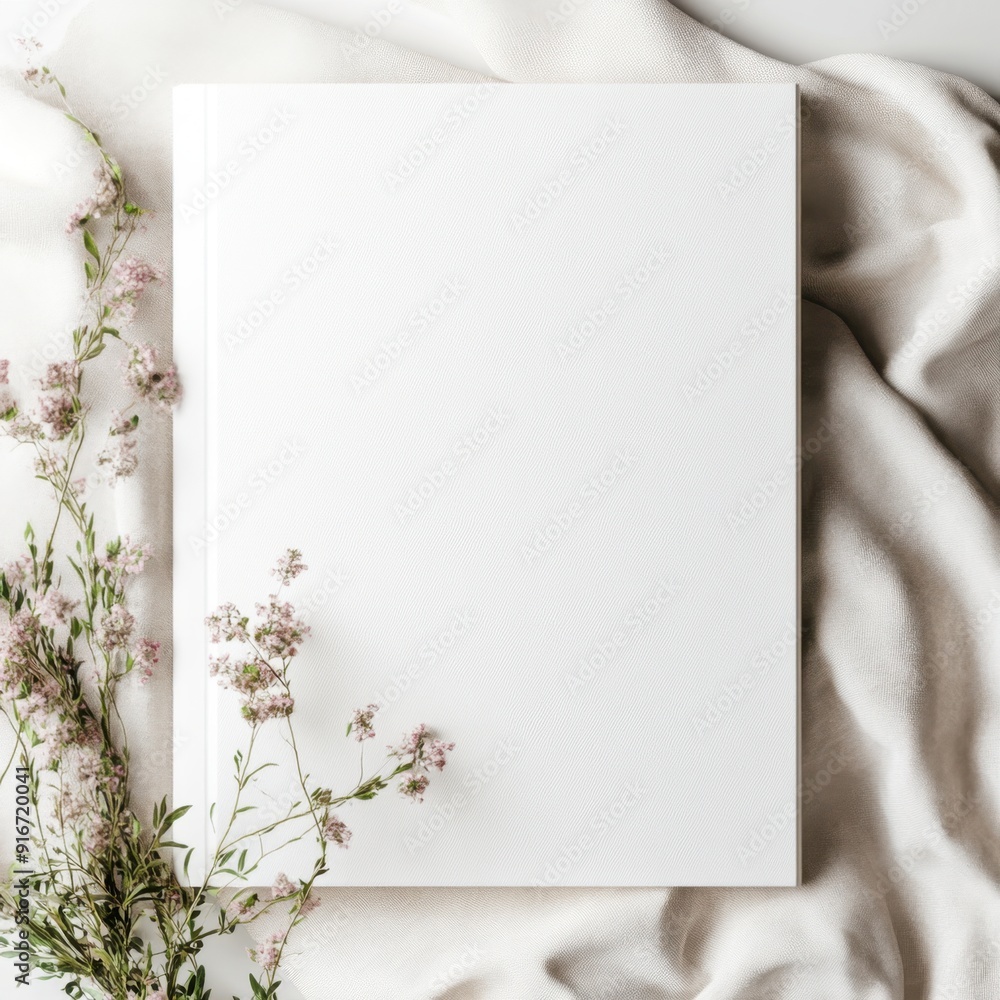 A white book with a flowery border sits on a white cloth A white book with a flowery border sits on a white cloth