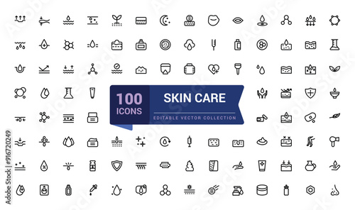 Skin care line icons set. Moisture cream, acid, anti wrinkle serum, creamed, collagen. Pixel perfect, minimalistic web and UI icon. Outline icon collections.