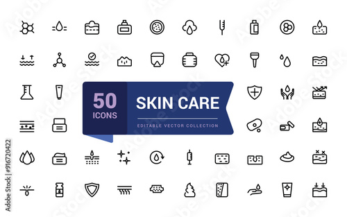 Skin care line icons set. Moisture cream, acid, anti wrinkle serum, creamed, collagen. Pixel perfect, minimalistic web and UI icon. Outline icon collections.