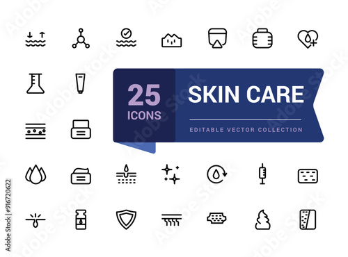 Skin care line icons set. Moisture cream, acid, anti wrinkle serum, creamed, collagen. Pixel perfect, minimalistic web and UI icon. Outline icon collections.