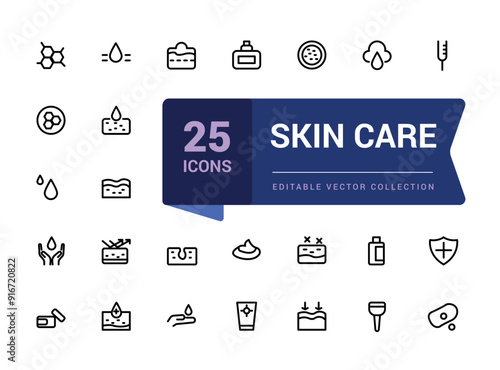 Skin care line icons set. Moisture cream, acid, anti wrinkle serum, creamed, collagen. Pixel perfect, minimalistic web and UI icon. Outline icon collections.