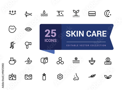 Skin care line icons set. Moisture cream, acid, anti wrinkle serum, creamed, collagen. Pixel perfect, minimalistic web and UI icon. Outline icon collections.