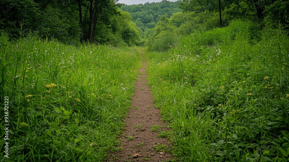 Fototapeta premium Red Cat Walking Alone In A Summer Forest, Strolling Along A Path