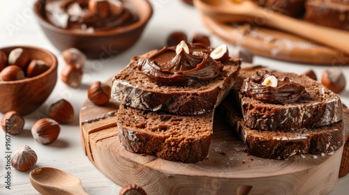 Board of bread with chocolate paste and hazelnuts on white background