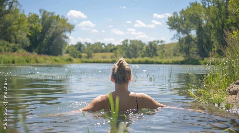 Fototapeta premium Woman Enjoying a Relaxing Dip in a Tranquil Lake