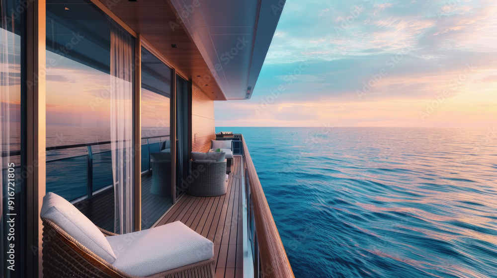 Fototapeta premium A luxurious cruise ship balcony, extending over the sparkling blue ocean. A serene and inviting atmosphere, symbolizing the allure and contemplative nature of choosing a balcony room on a cruise.
