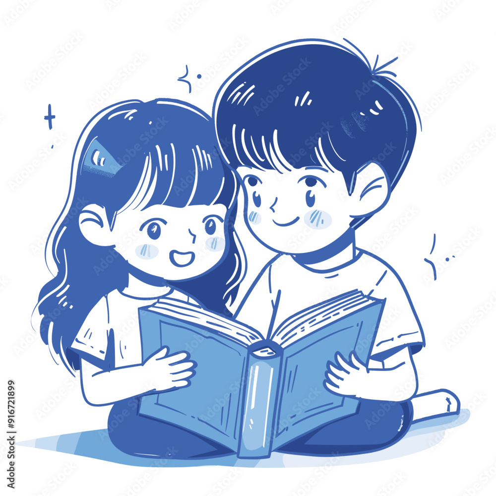 Two children enjoying a storybook, simple blue and white illustration.
Two children enjoying a storybook, simple blue and white illustration.