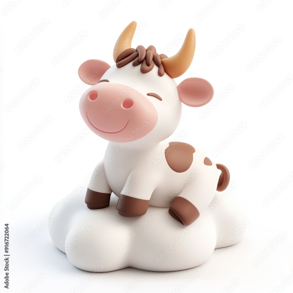 Fototapeta premium Cute Cartoon Cow Sitting on Cloud