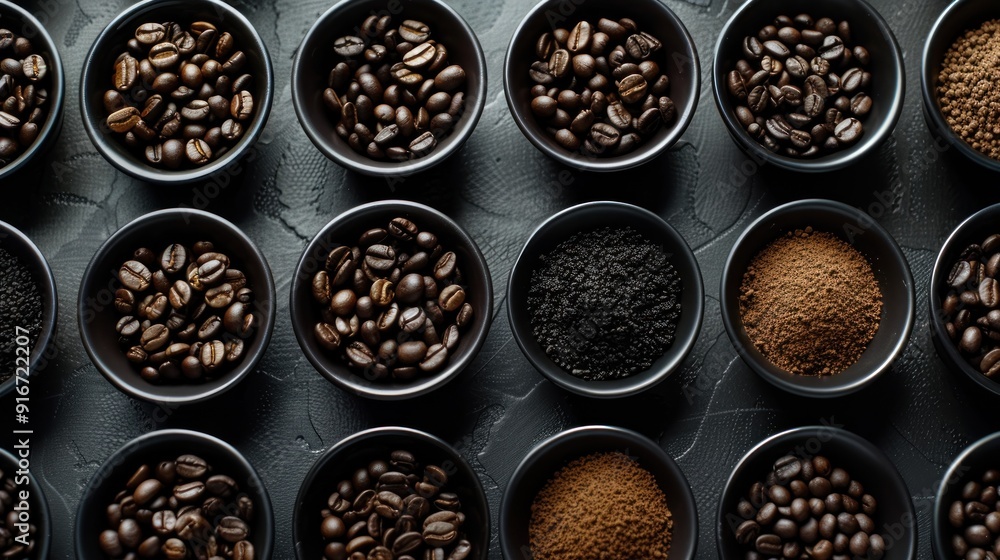Coffee Beans and Ground Coffee in Black Bowls Coffee Beans and Ground Coffee in Black Bowls