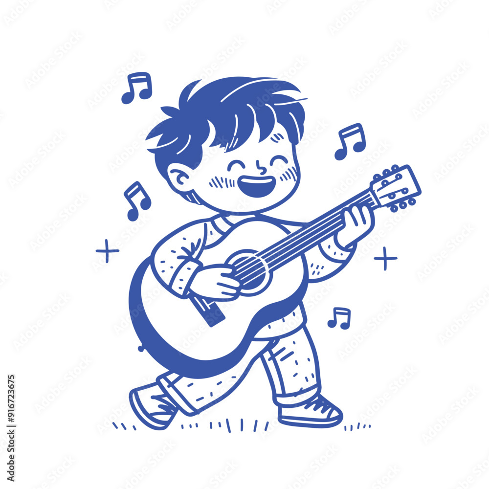 Happy boy playing guitar, minimalist line drawing.
Happy boy playing guitar, minimalist line drawing.