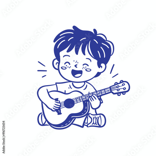 Happy boy playing guitar, minimalist line drawing.
