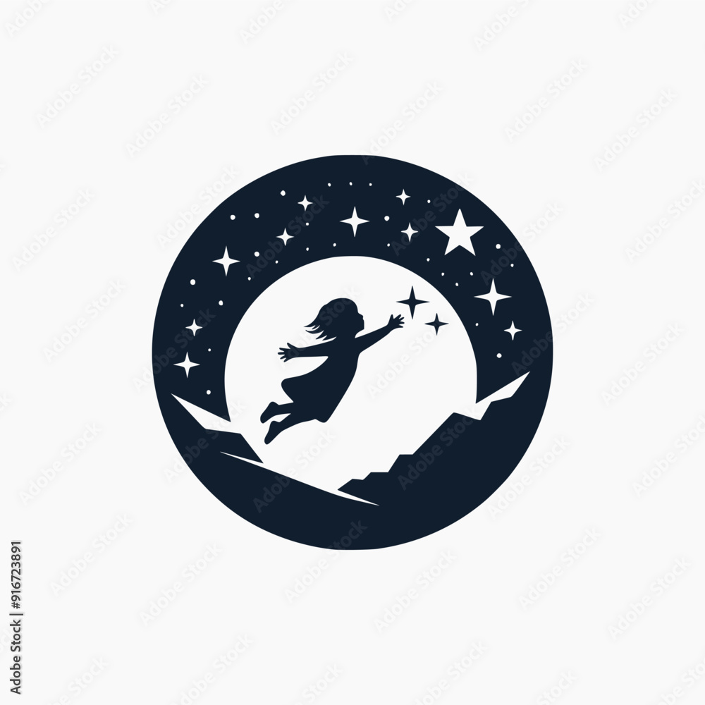silhouette logo of a girl flying towards the stars on a white moon background silhouette logo of a girl flying towards the stars on a white moon background
