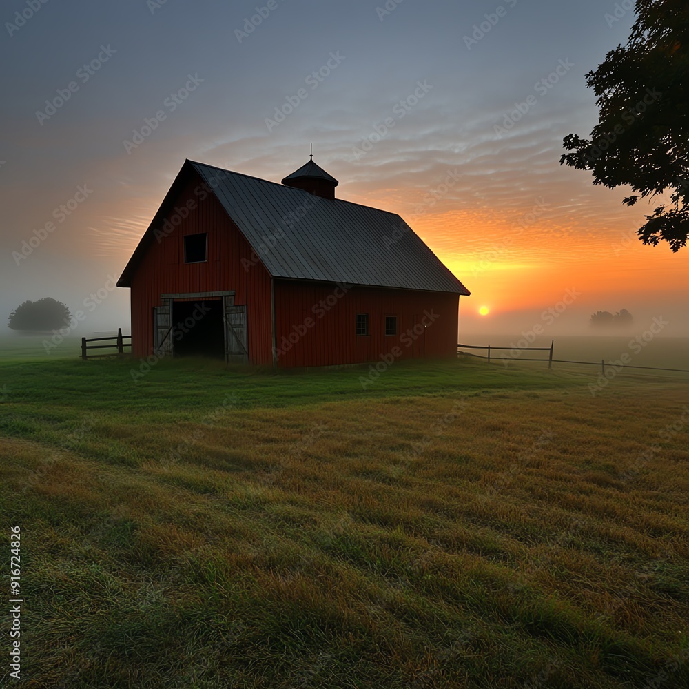 Abandoned barn on a misty morning with the sun rising behind, barn landscape, atmospheric solitude Abandoned barn on a misty morning with the sun rising behind, barn landscape, atmospheric solitude