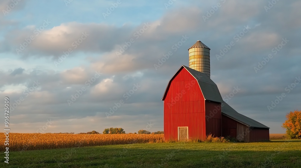 Barn with a silo standing tall in an open field with dramatic skies, barn landscape, agricultural strength Barn with a silo standing tall in an open field with dramatic skies, barn landscape, agricultural strength
