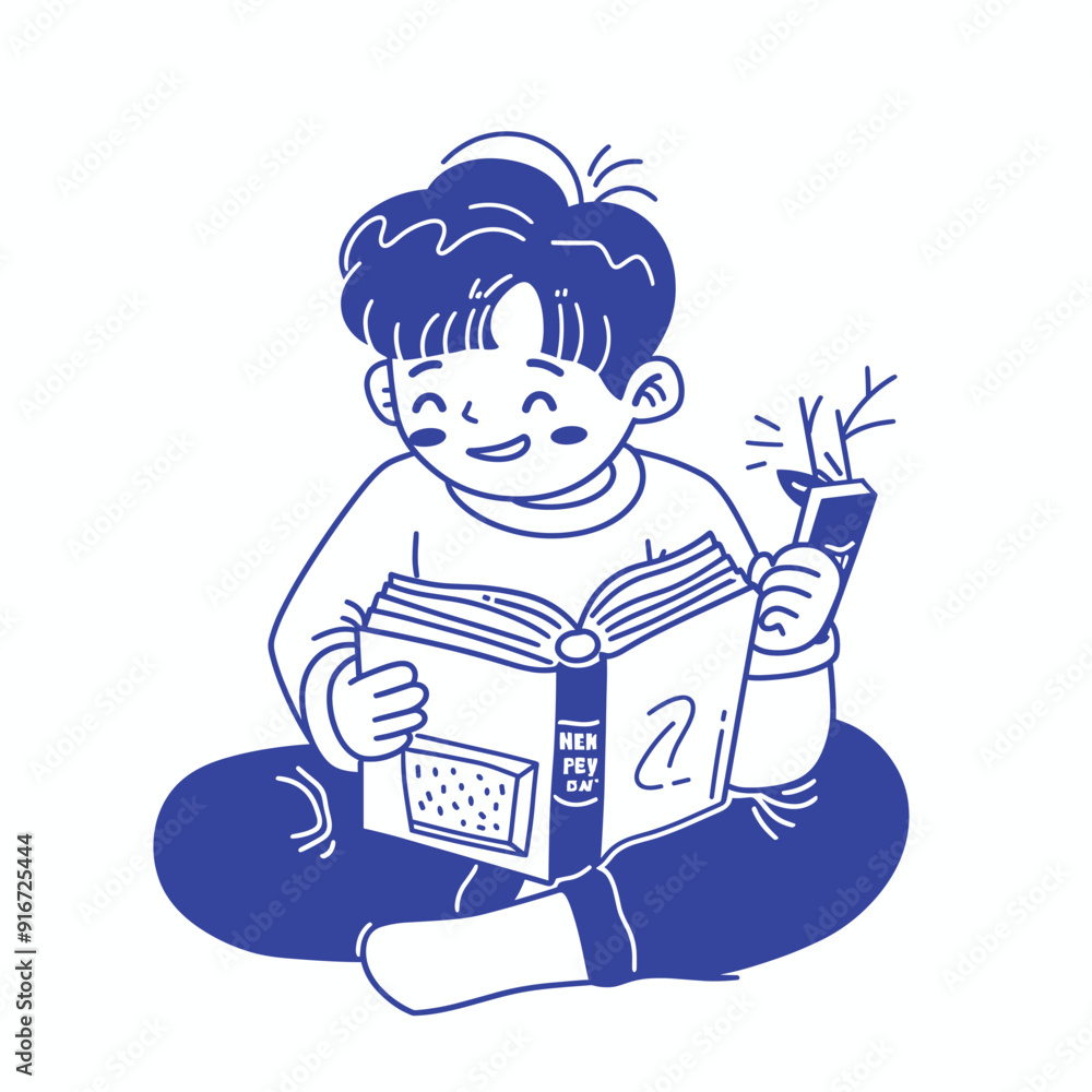 Cute cartoon boy with a book, simple blue illustration.
Cute cartoon boy with a book, simple blue illustration.