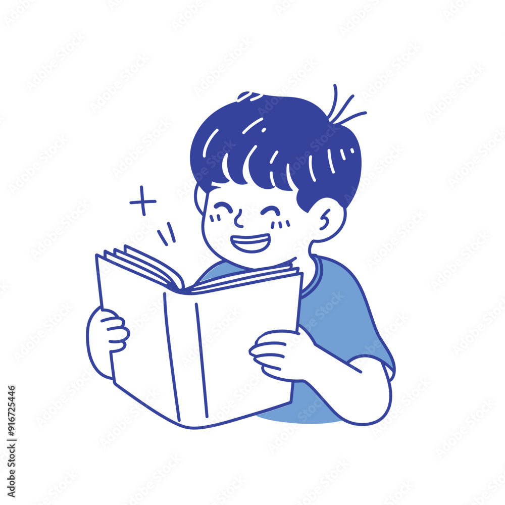Cute cartoon boy with a book, simple blue illustration.
Cute cartoon boy with a book, simple blue illustration.