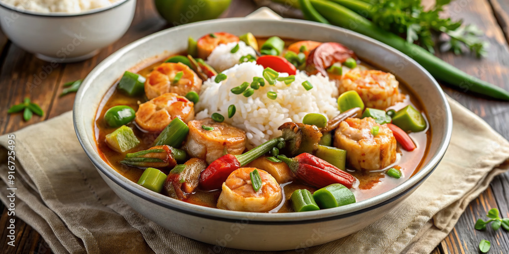 Savory shrimp swim in a rich, flavorful gumbo filled with okra, bell peppers, and onions, served over a bed of steaming white rice. Savory shrimp swim in a rich, flavorful gumbo filled with okra, bell peppers, and onions, served over a bed of steaming white rice.