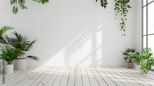 Empty white room with a wooden floor and plants.