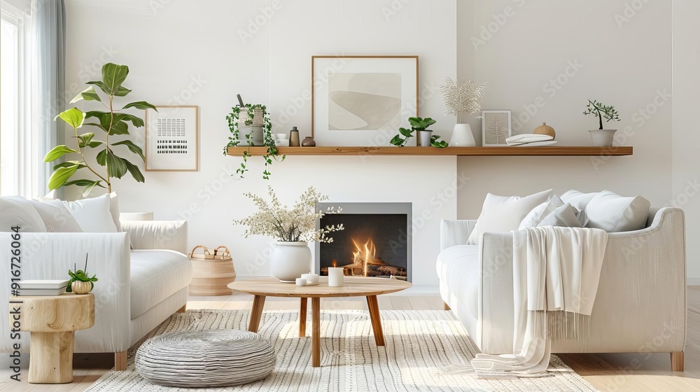 Cozy living room with neutral tones, fireplace, comfortable seating, minimalist design Cozy living room with neutral tones, fireplace, comfortable seating, minimalist design