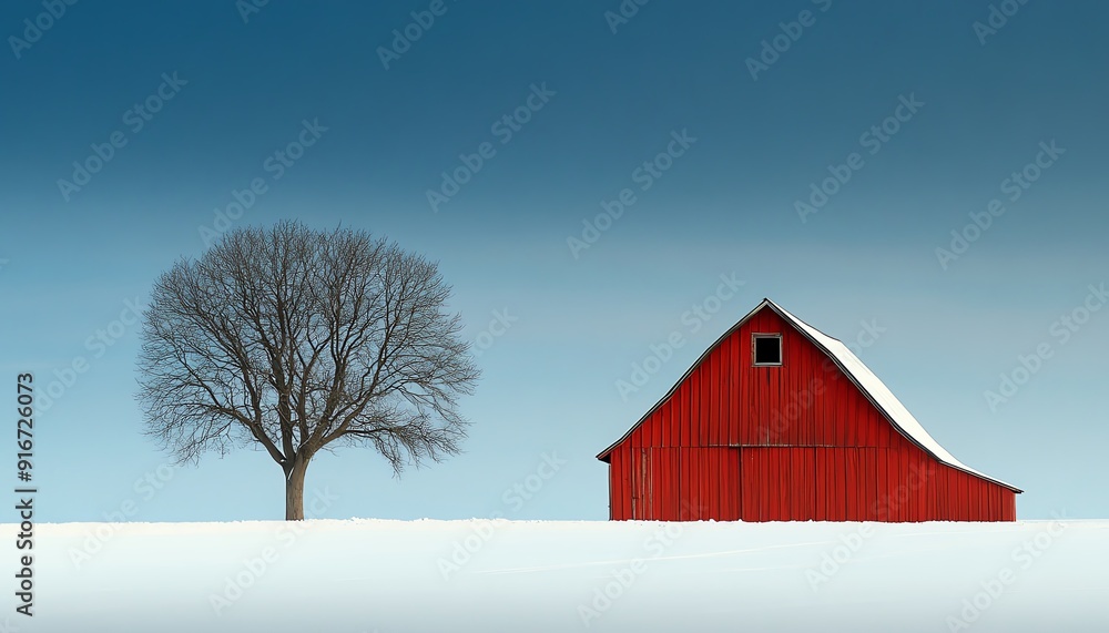 Weathered barn in a barren winter landscape with a single tree, barn landscape, stark solitude Weathered barn in a barren winter landscape with a single tree, barn landscape, stark solitude