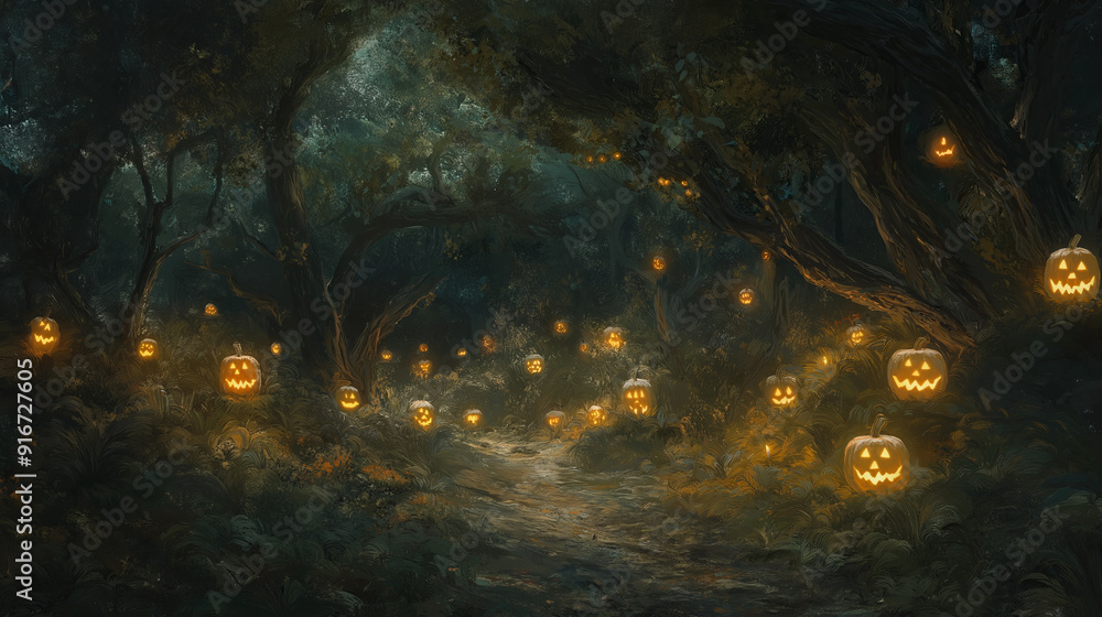 Dark forest path lit by glowing jack-o'-lanterns. Dark forest path lit by glowing jack-o'-lanterns.